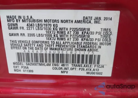 2014 Mitsubishi Outlander Sport Es from USA, damaged, VIN 4A4AP3AU9EE021175